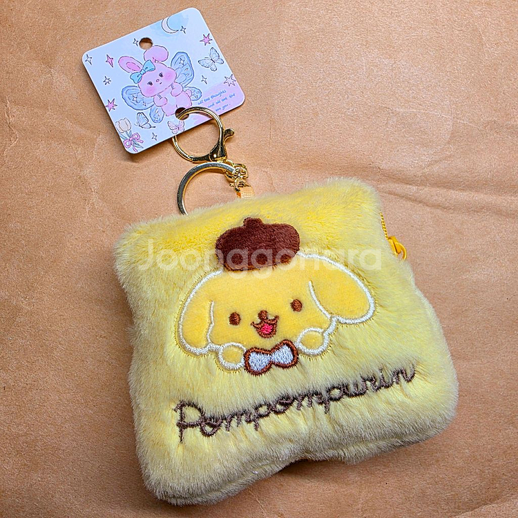 산리오 사각 동전지갑 인형키링. 새제품 마이멜로디(핑크), 폼폼푸린(노랑), 포챠코(크림) 3개.--8