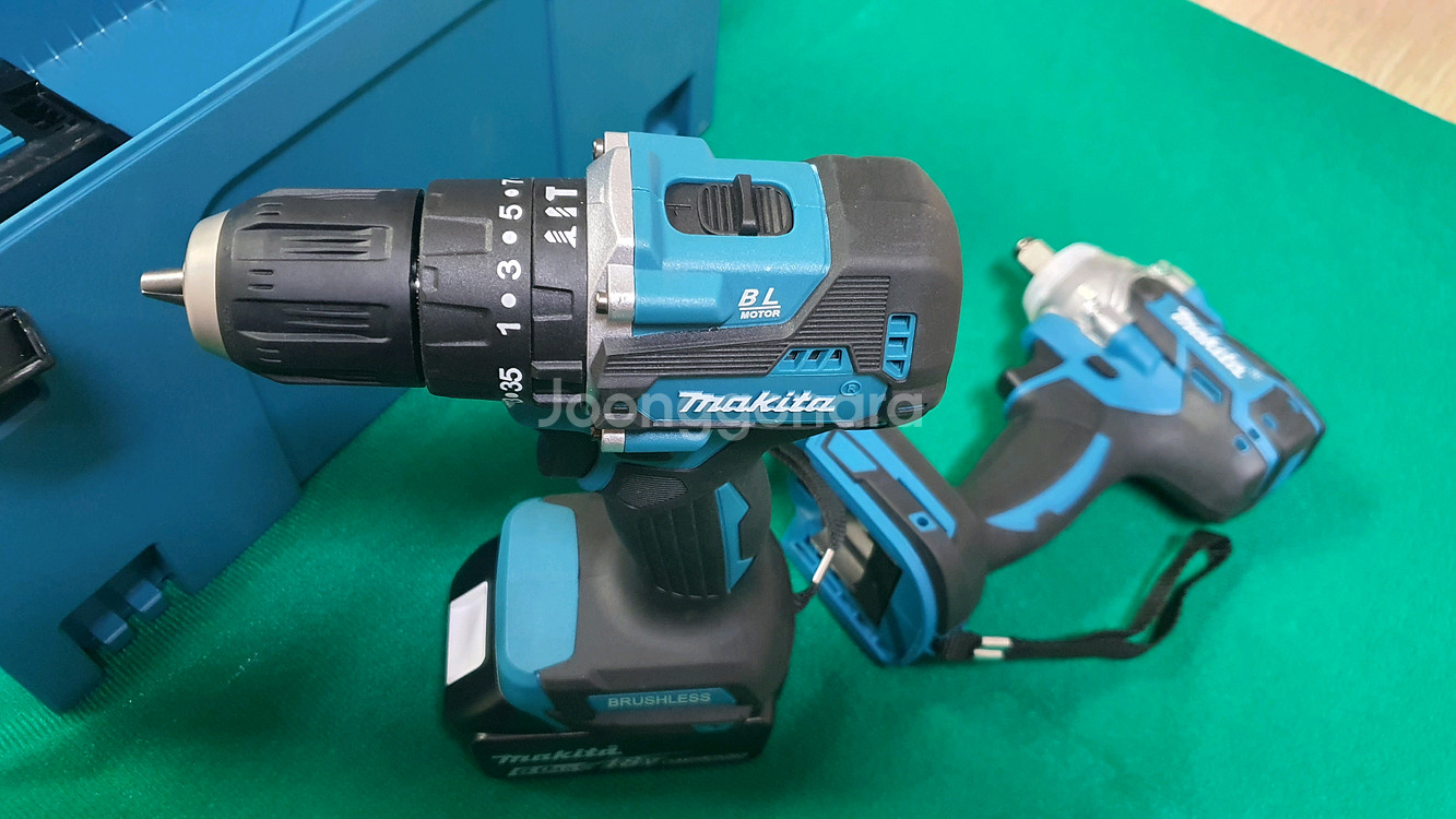 마끼다 18V 브러시리스 충전 드릴+ 임팩 렌치 풀세트 중형 공구함 포함--5