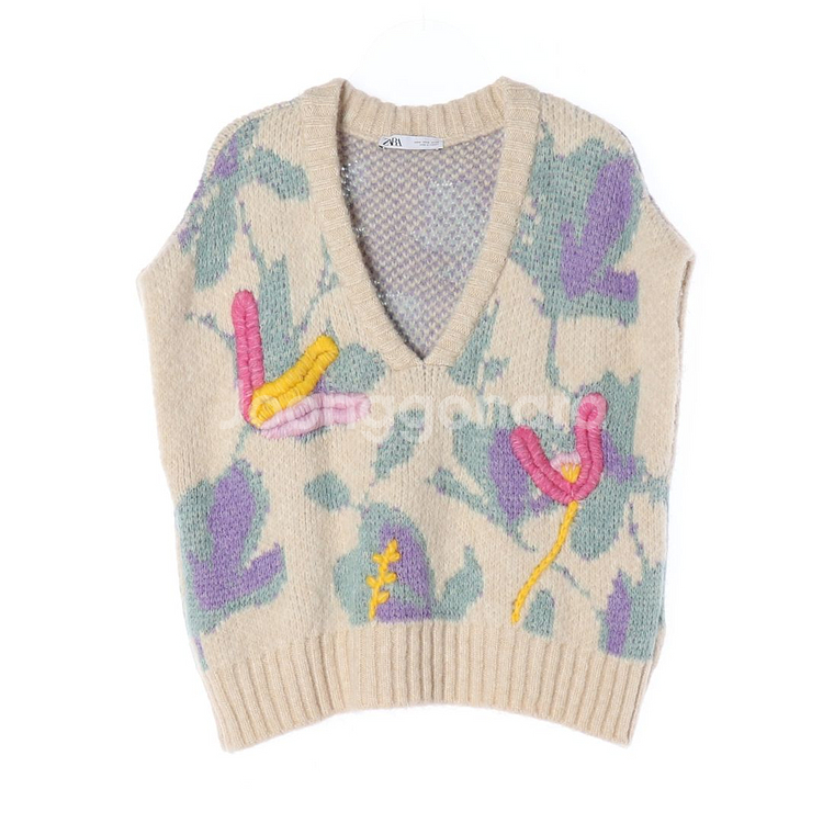 [M]자라 베이지 자수 플로럴 브이넥 오버핏 니트 조끼 베스트--0