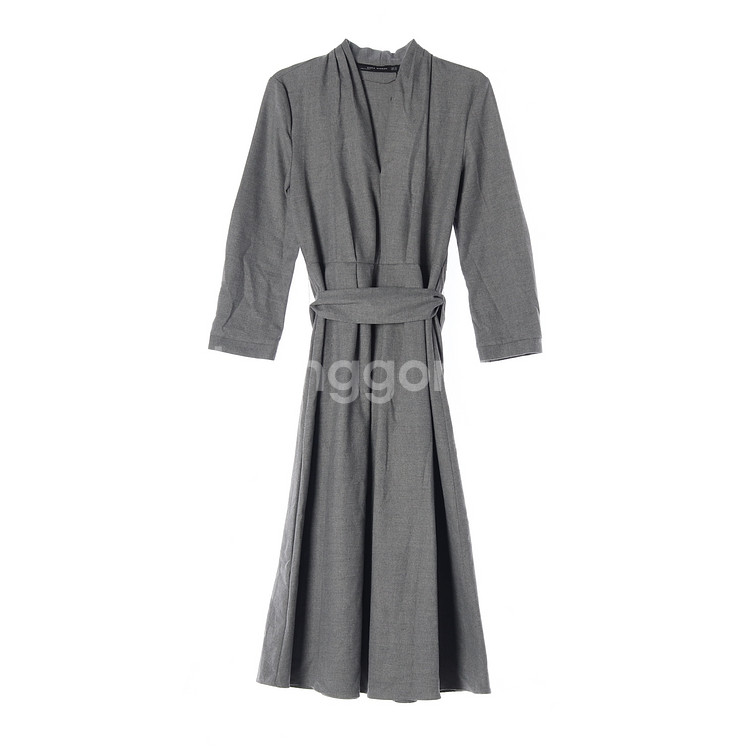 [XS]자라 그레이 브이넥 긴팔 롱 플레어 원피스 드레스--0