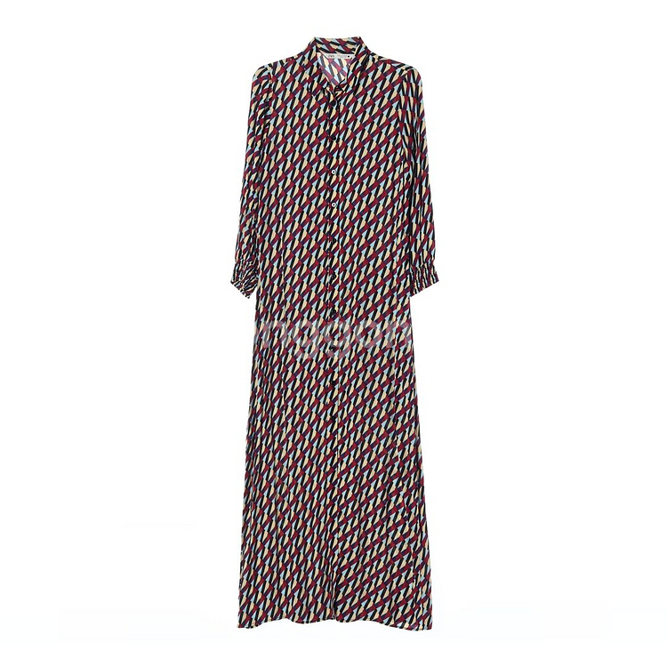 [S]자라 버건디 블루 패턴 긴팔 롱 셔츠 원피스--0