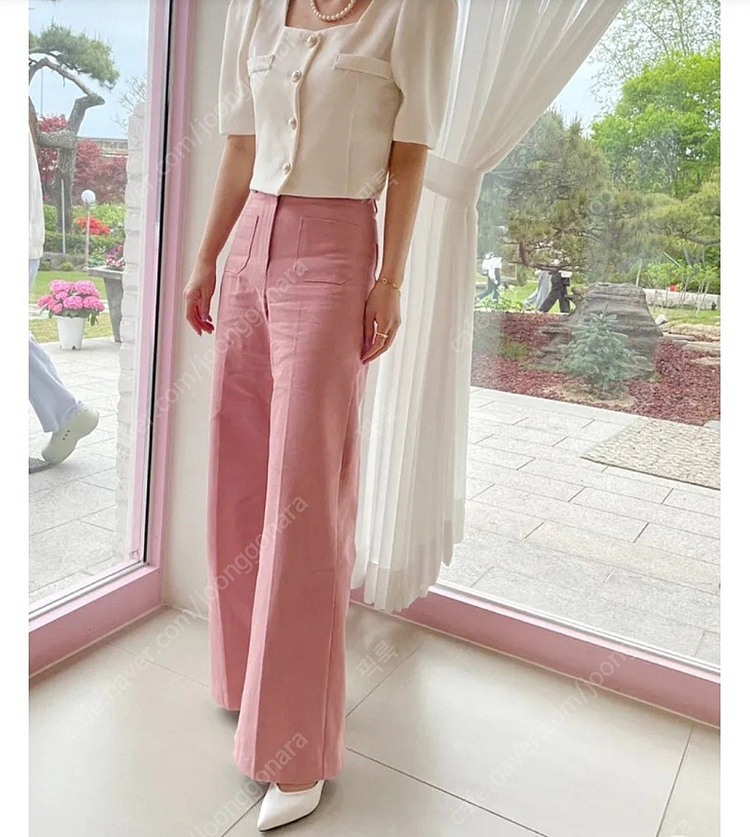 핑크 와이드 투포켓 면바지--3