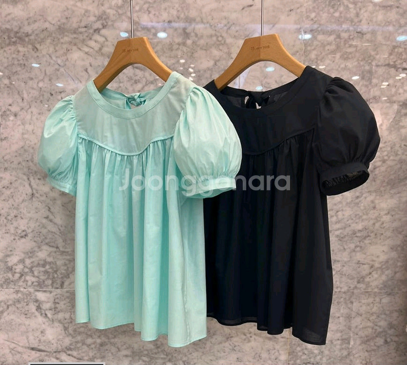 js뉴욕 민트 뒷리본 셔링 퍼프 블라우스 반팔 여름--6