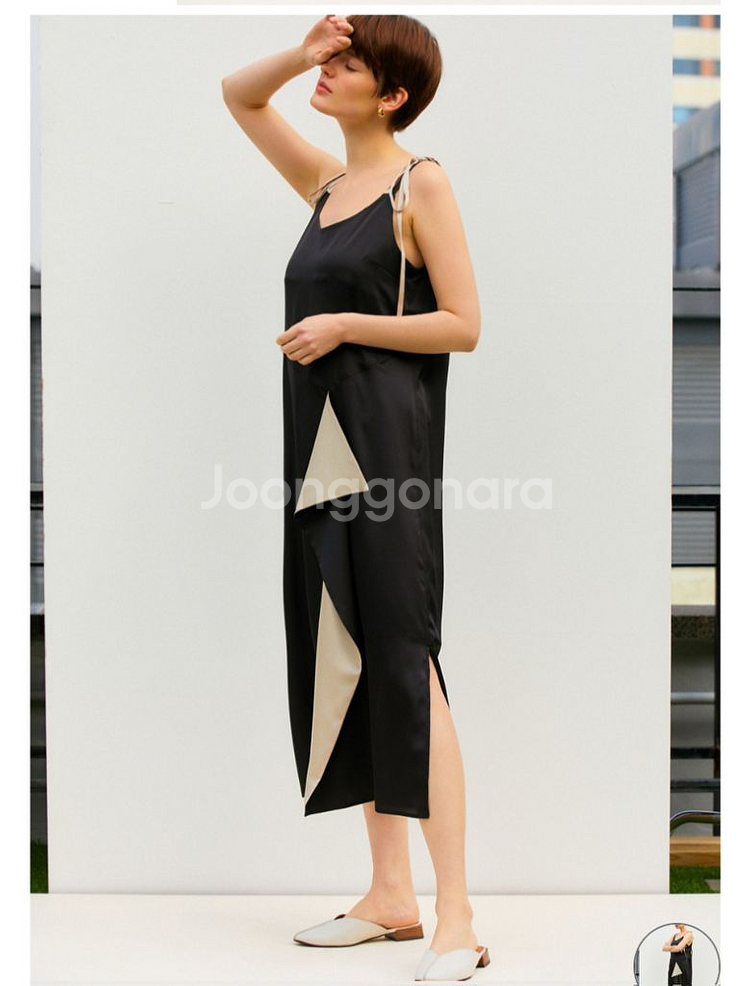 새틴 베이지 블랙 나시 원피스--0