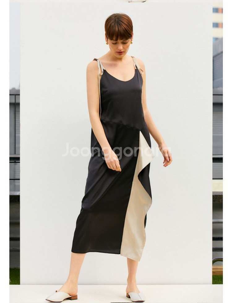 새틴 베이지 블랙 나시 원피스--2