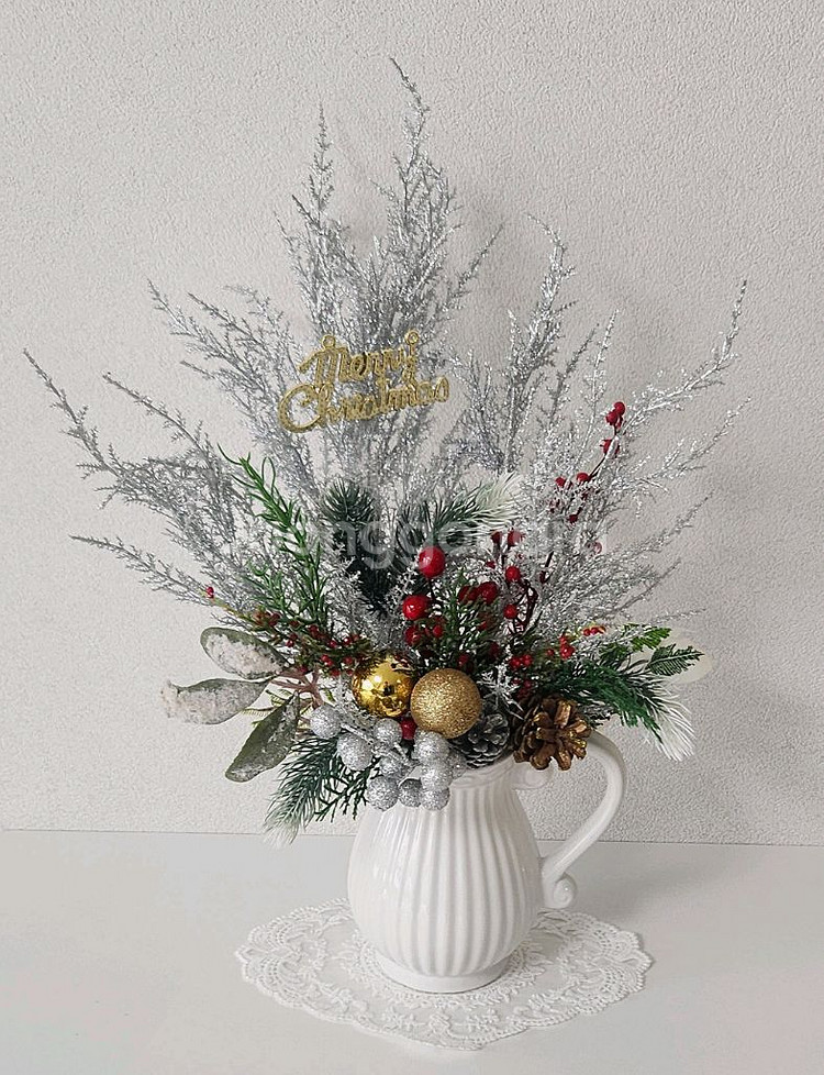 새상품)풍성한 크리스마스 조화 저그도자기 화병--0
