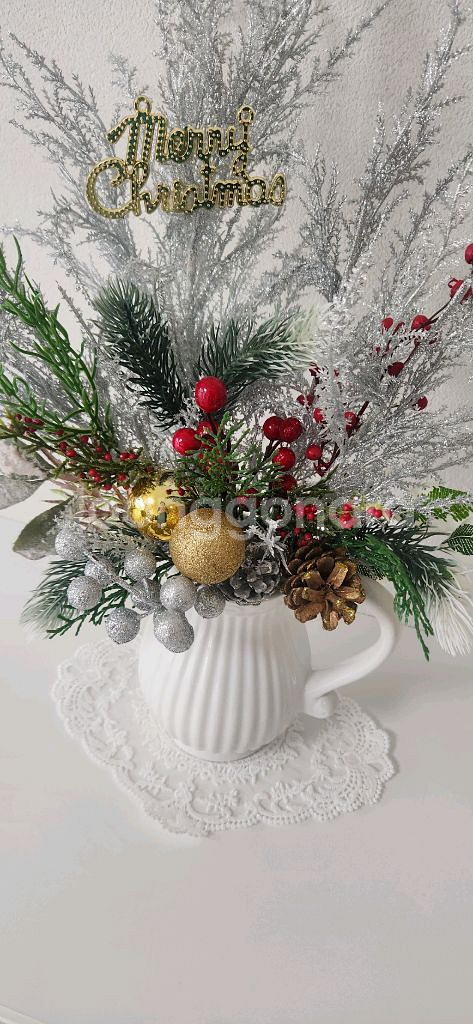 새상품)풍성한 크리스마스 조화 저그도자기 화병--6