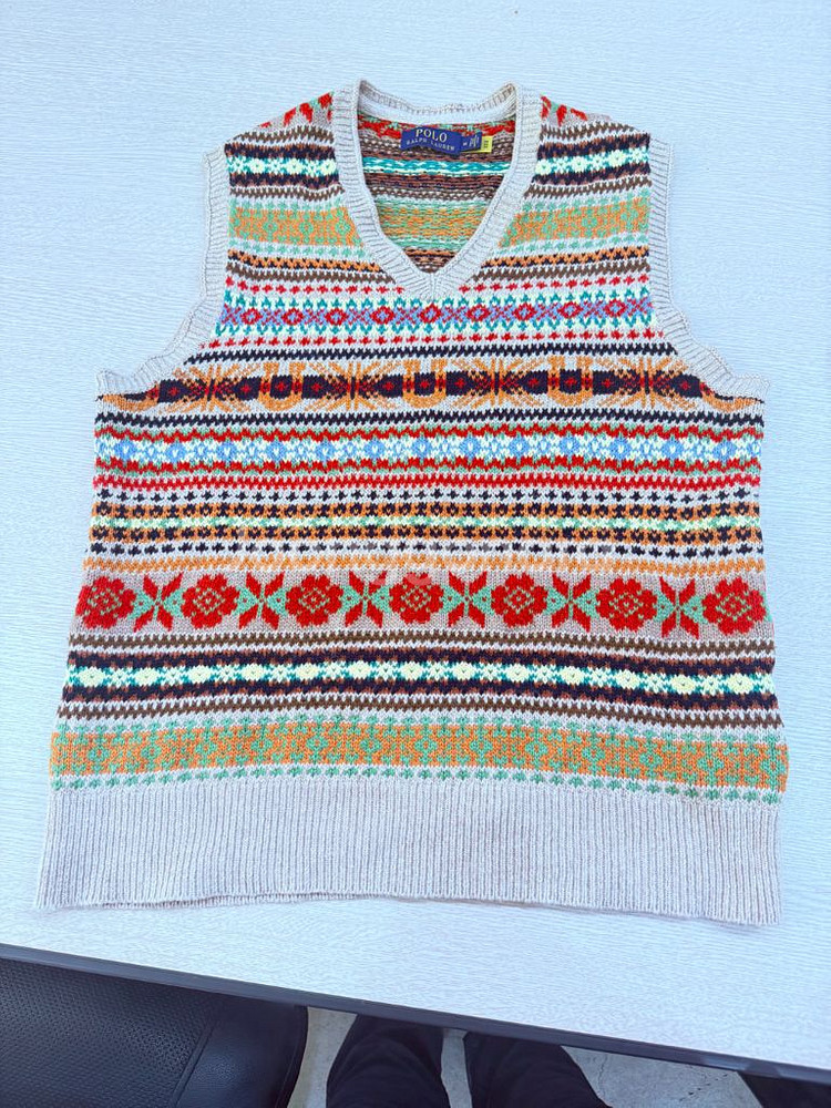 폴로 랄프로렌 남성 실크 캐시미어 혼방 페어아일 패턴 브이넥 조끼 베스트 니트 스웨터--1