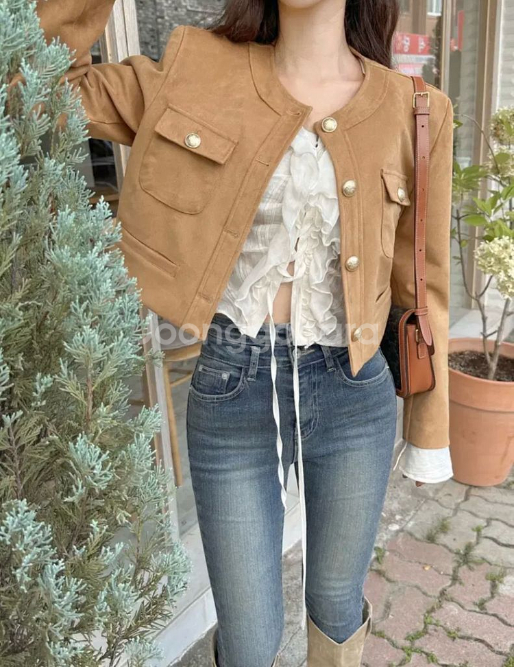 포스트모니션 버닝 스웨이드 금장 자켓 크롭 브론 카멜--3