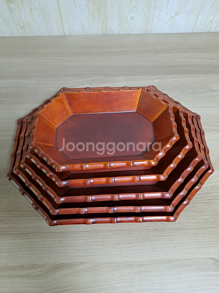 단풍잎표 팔각 나무 쟁반 (행자 칠기) 5P 세트--0