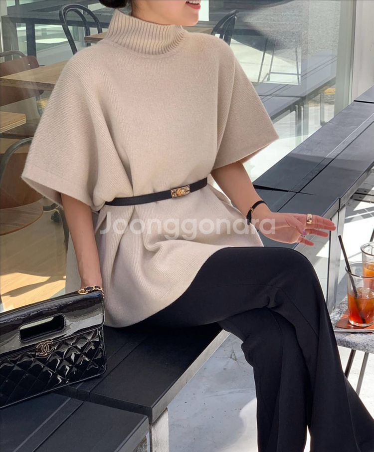 여성 니트 반팔 터틀넥 탑--0