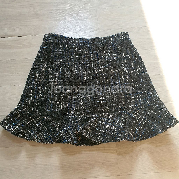 트위드 머메이드 미니 스커트 S 프릴 치마 블랙 네이비 글리터 스팽글 언발 겨울 속바지 있음--1