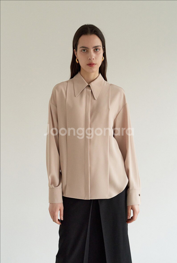 모한 MOHAN TOS CREPE TUCK SHIRT 크레이프 턱 셔츠 핀턱 플리츠 블라우스 베이지--0