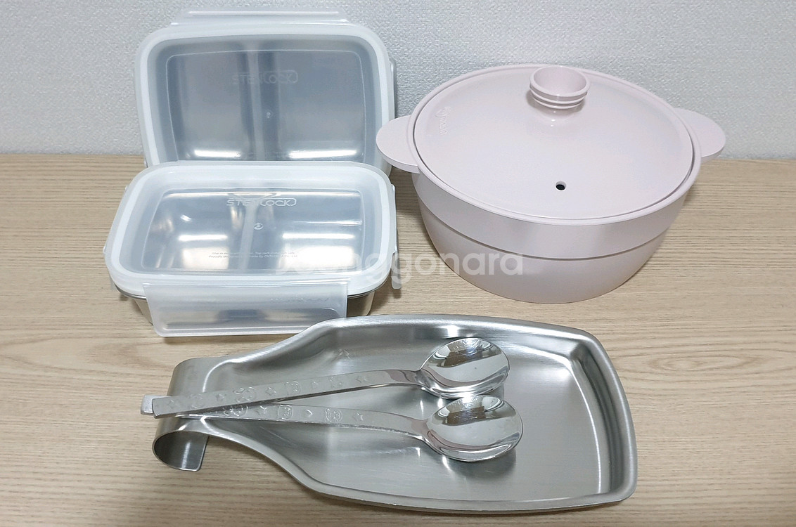 실리만 실리콘 찜기 스텐락 나눔용기 2개 조리도구받침대 어린이 숟가락2--0