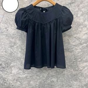 js뉴욕 네이비 뒷리본 셔링 퍼프 블라우스 반팔 여름