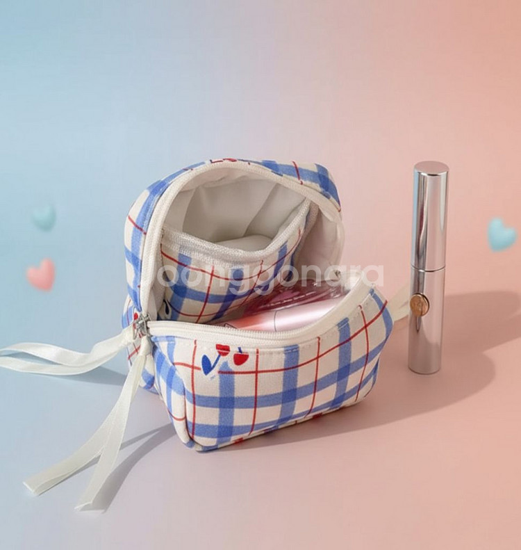 체리 체크 노랑 파우치 휴대용으로도 용이--1