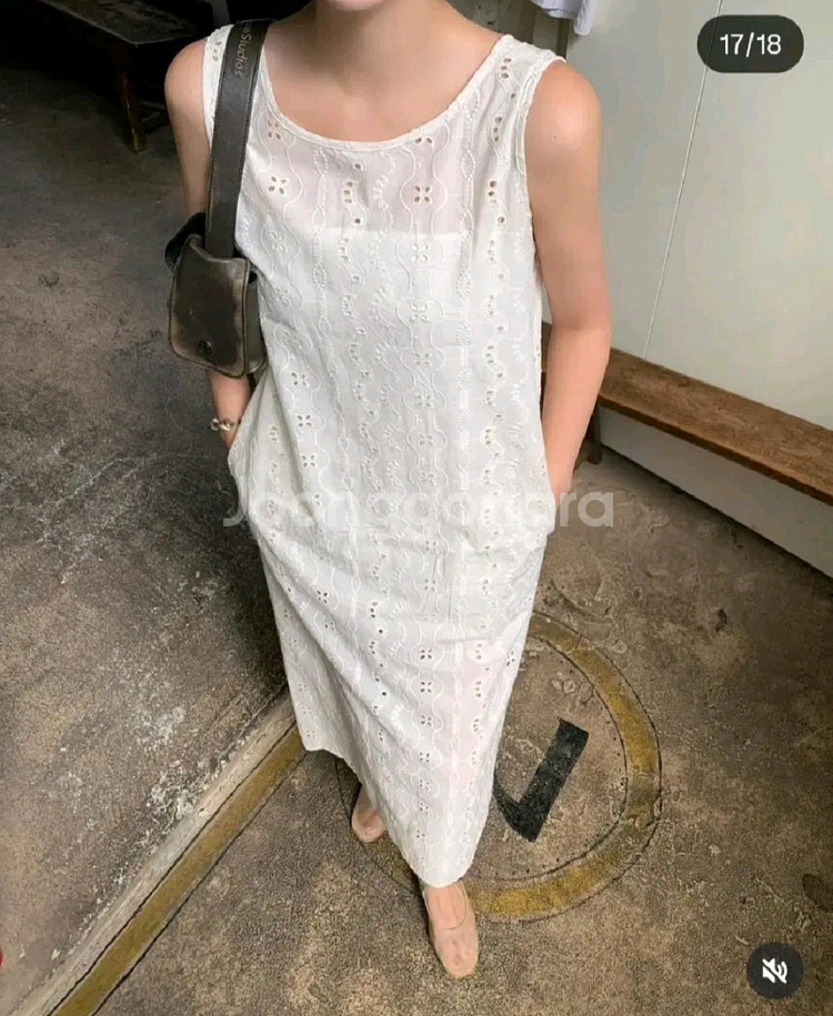 리본타이 투굿 펀칭 아일렛 원피스 - 블랙,M--9