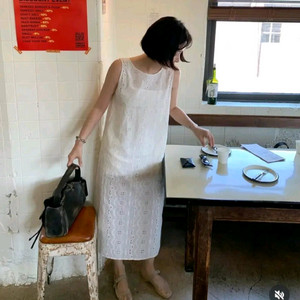 리본타이 투굿 펀칭 아일렛 원피스 - 연베이지,M