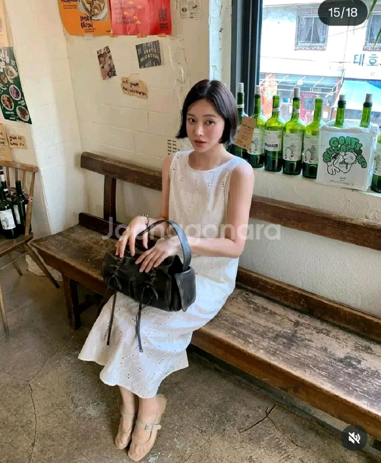 리본타이 투굿 펀칭 아일렛 원피스 - 연베이지,M--1