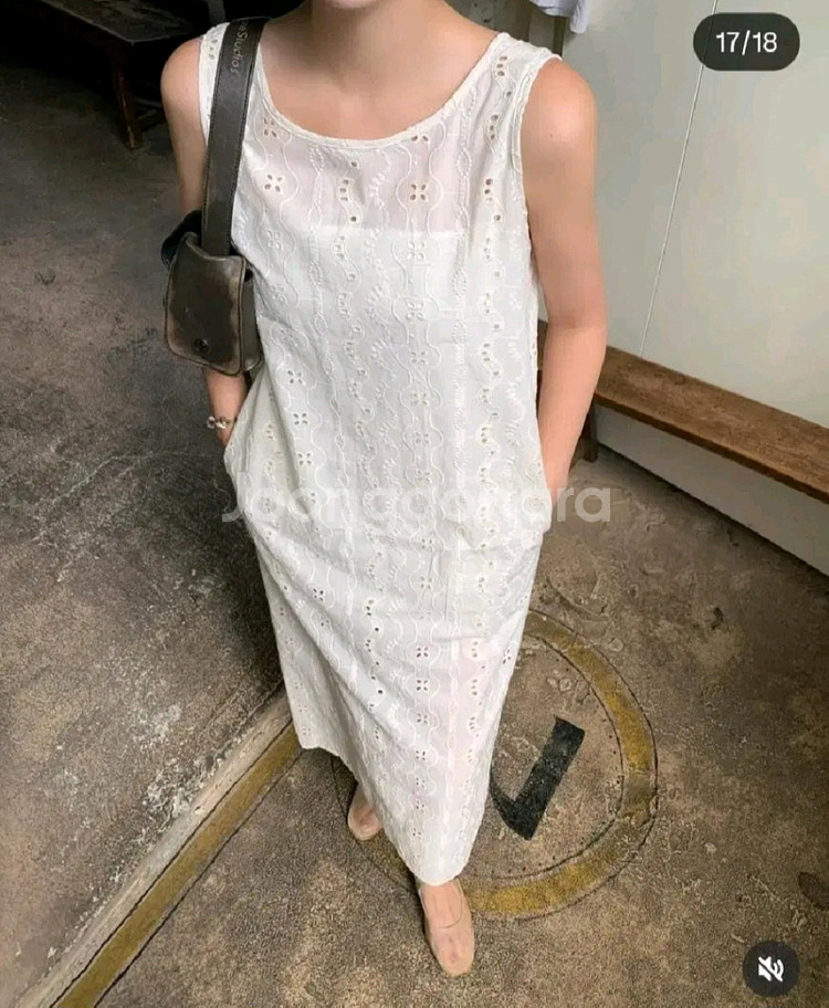 리본타이 투굿 펀칭 아일렛 원피스 - 연베이지,M--3