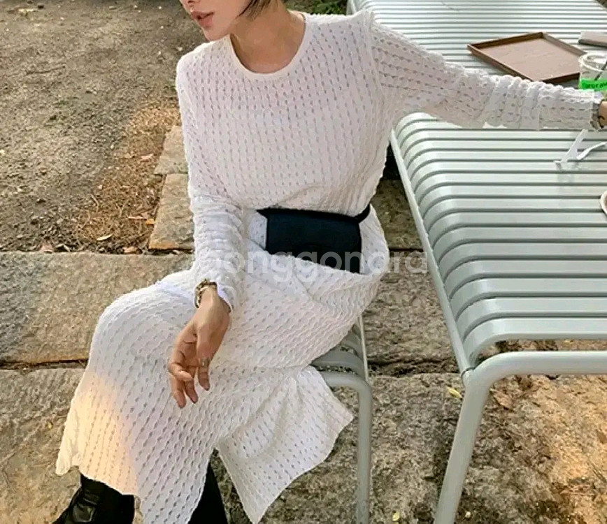 리본타이 나흐 펀칭 원피스 - 아이보리,프리--0