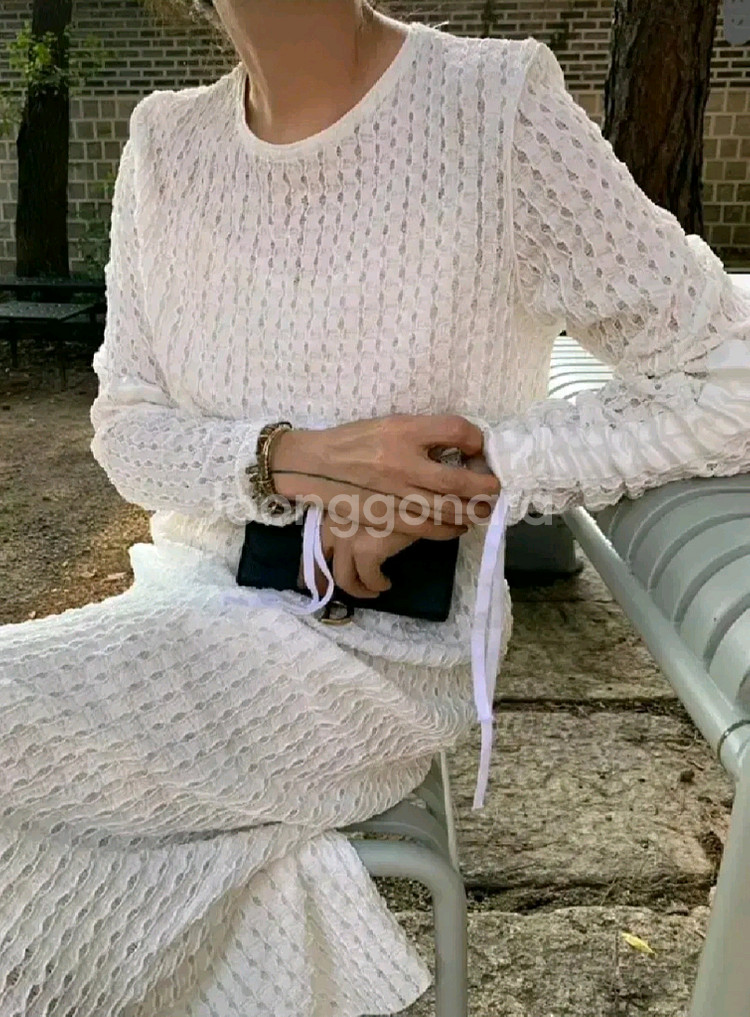 리본타이 나흐 펀칭 원피스 - 아이보리,프리--2