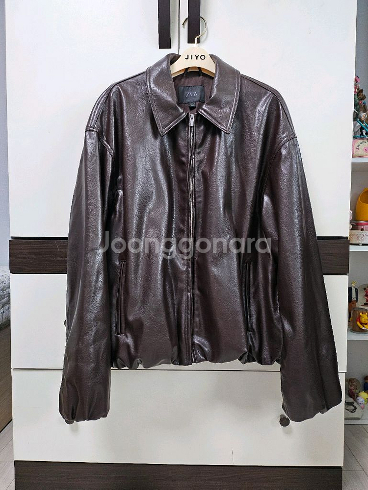 자라 다크초코 브라운 가죽 레더 크랙 자켓--0
