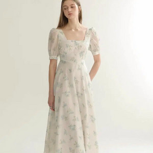 S사이즈) 신스덴 블루 플로랄 글로시 롱원피스 반팔스퀘어넥휴양지여름원피스