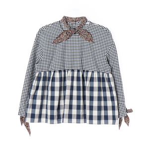 [XS]자라 네이비 체크 플로럴 리본 긴팔 베이비돌 블라우스