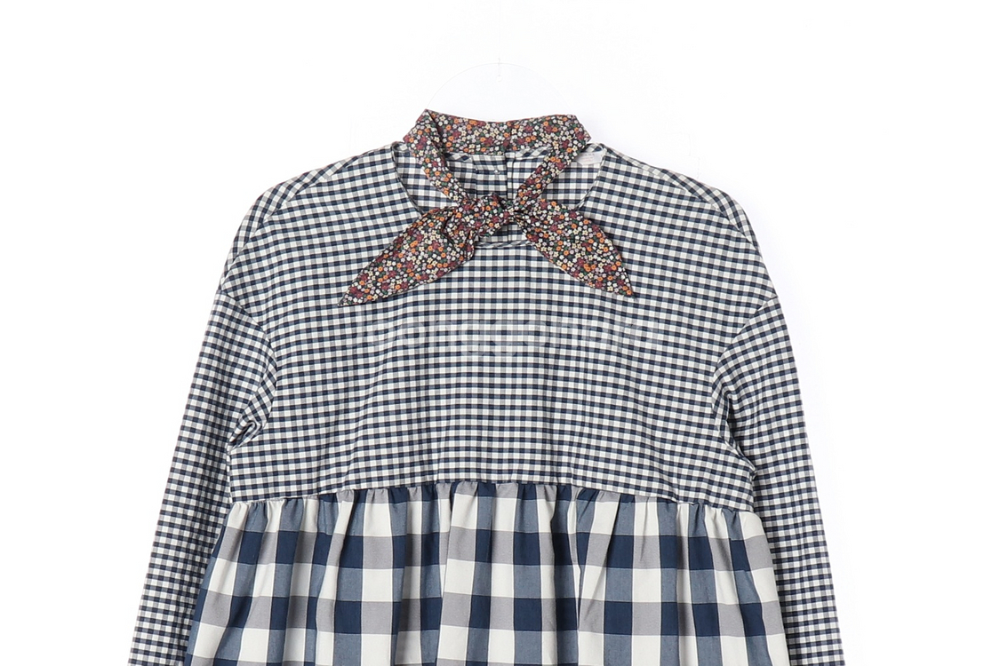 [XS]자라 네이비 체크 플로럴 리본 긴팔 베이비돌 블라우스--1