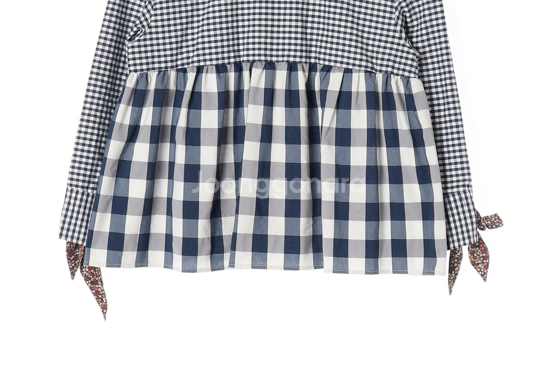 [XS]자라 네이비 체크 플로럴 리본 긴팔 베이비돌 블라우스--2