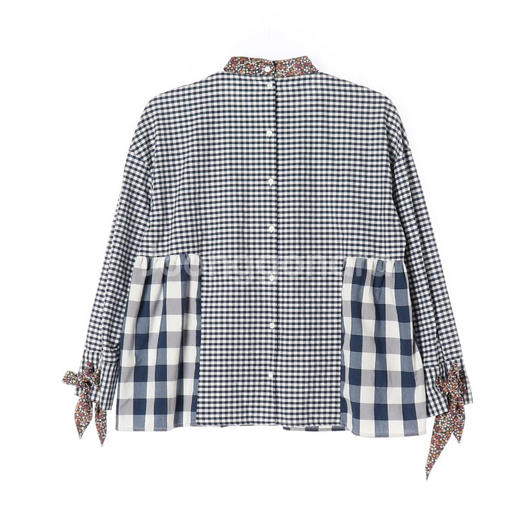[XS]자라 네이비 체크 플로럴 리본 긴팔 베이비돌 블라우스--3