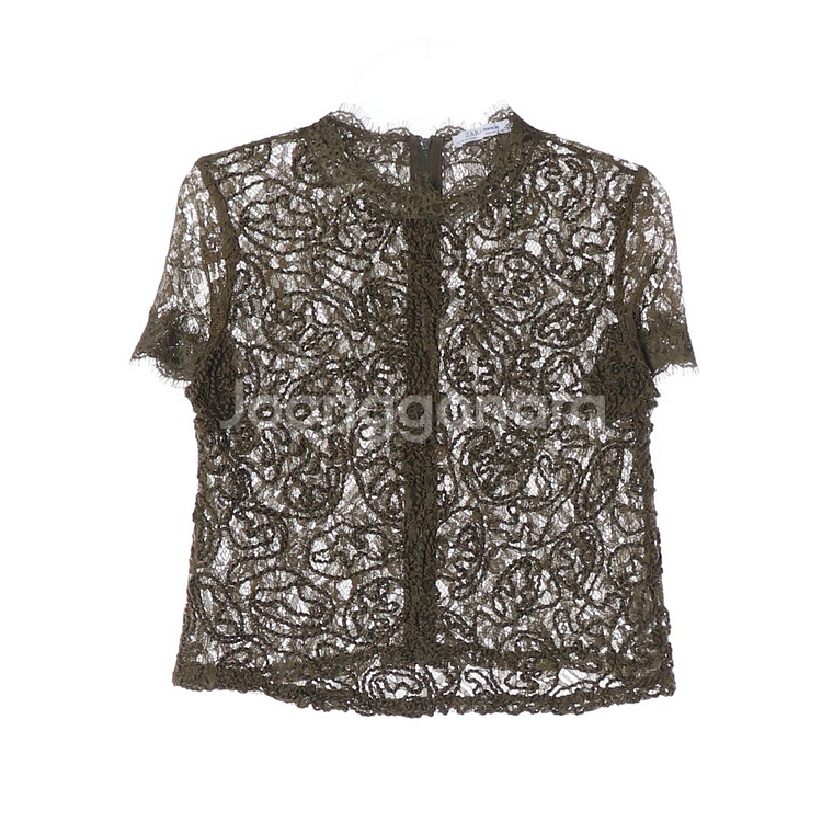 [S]자라 카키 레이스 반팔 블라우스--0