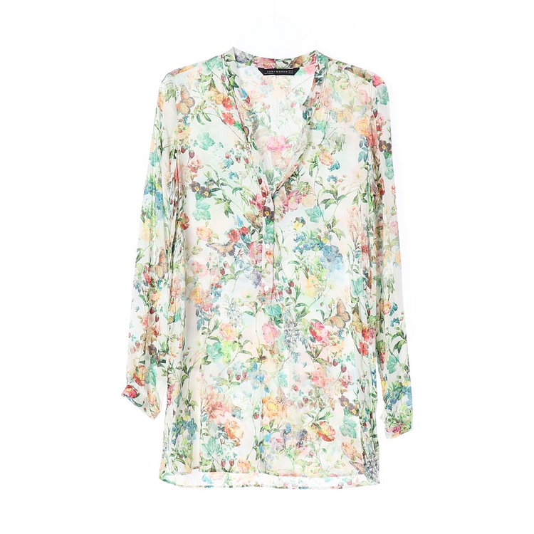 [XS]자라 멀티 플로럴 노카라 긴팔 셔츠 블라우스--0