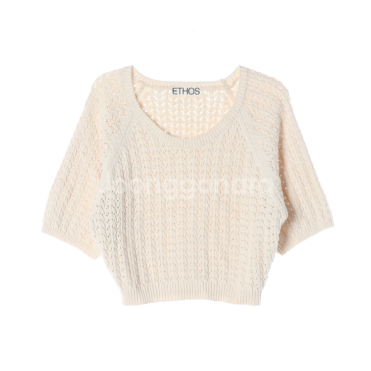 [M]에토스 베이지 케이블 반팔 크롭 니트 티셔츠--0