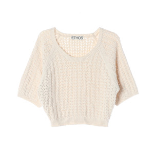 [M]에토스 베이지 케이블 반팔 크롭 니트 티셔츠