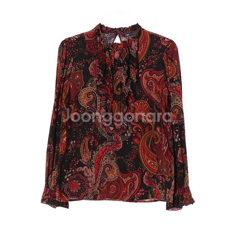 [XS]자라 블랙 레드 페이즐리 러플 긴팔 블라우스--0