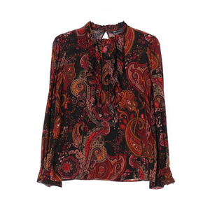 [XS]자라 블랙 레드 페이즐리 러플 긴팔 블라우스