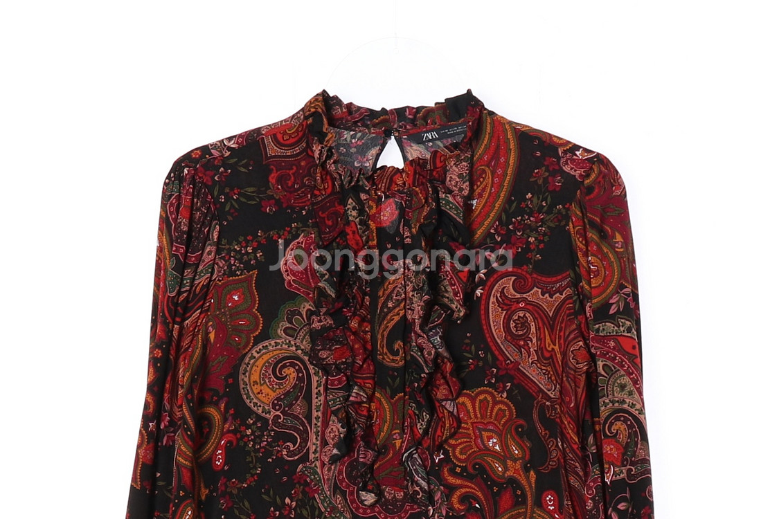 [XS]자라 블랙 레드 페이즐리 러플 긴팔 블라우스--1