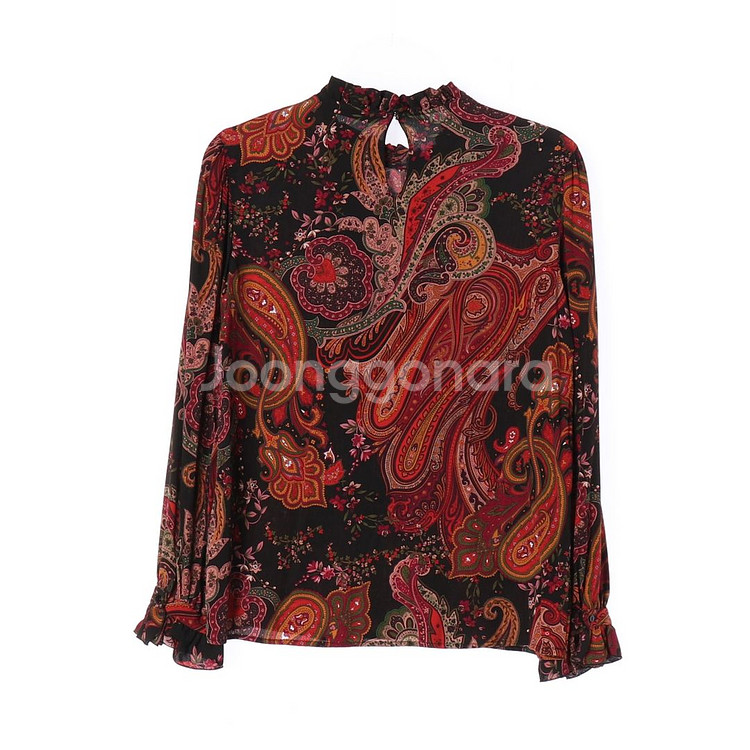 [XS]자라 블랙 레드 페이즐리 러플 긴팔 블라우스--3