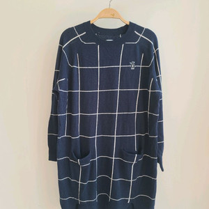 여성 긴팔 포켓 패턴 니트 원피스 네이비 S