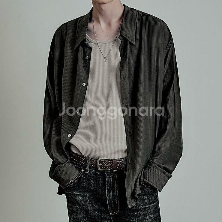 44) 엘무드 실키 스트라이프 셔츠 브라운--0