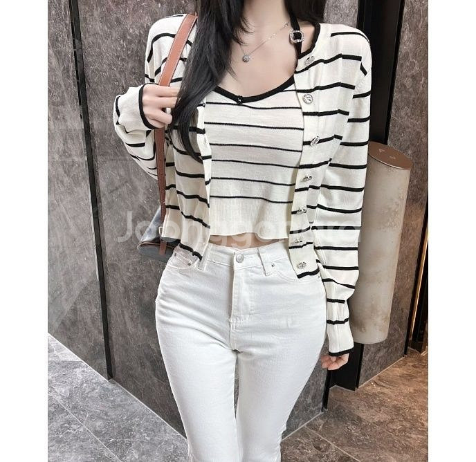 수입의류 샤 비즈 스트라이프 가디건세트 홀터넥나시set--0