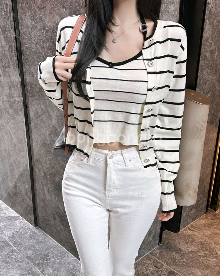 수입의류 샤 비즈 스트라이프 가디건세트 홀터넥나시set--1
