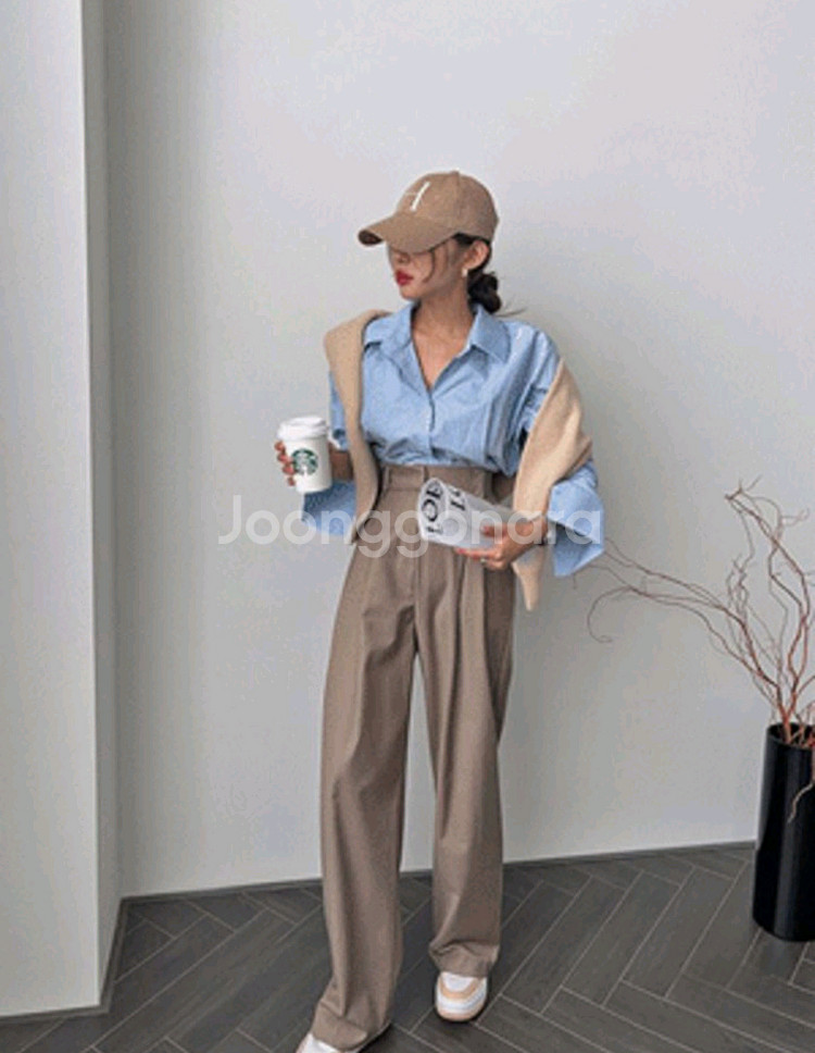 더핀 새상품 핀턱 와이드 팬츠 슬랙스 롱팬츠 밴딩바지--0