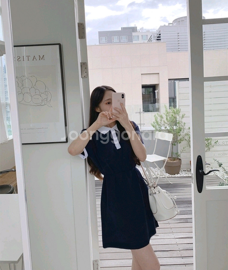 네이비 허리끈 카라 미니 원피스--0