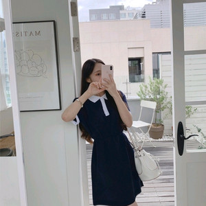 네이비 허리끈 카라 미니 원피스
