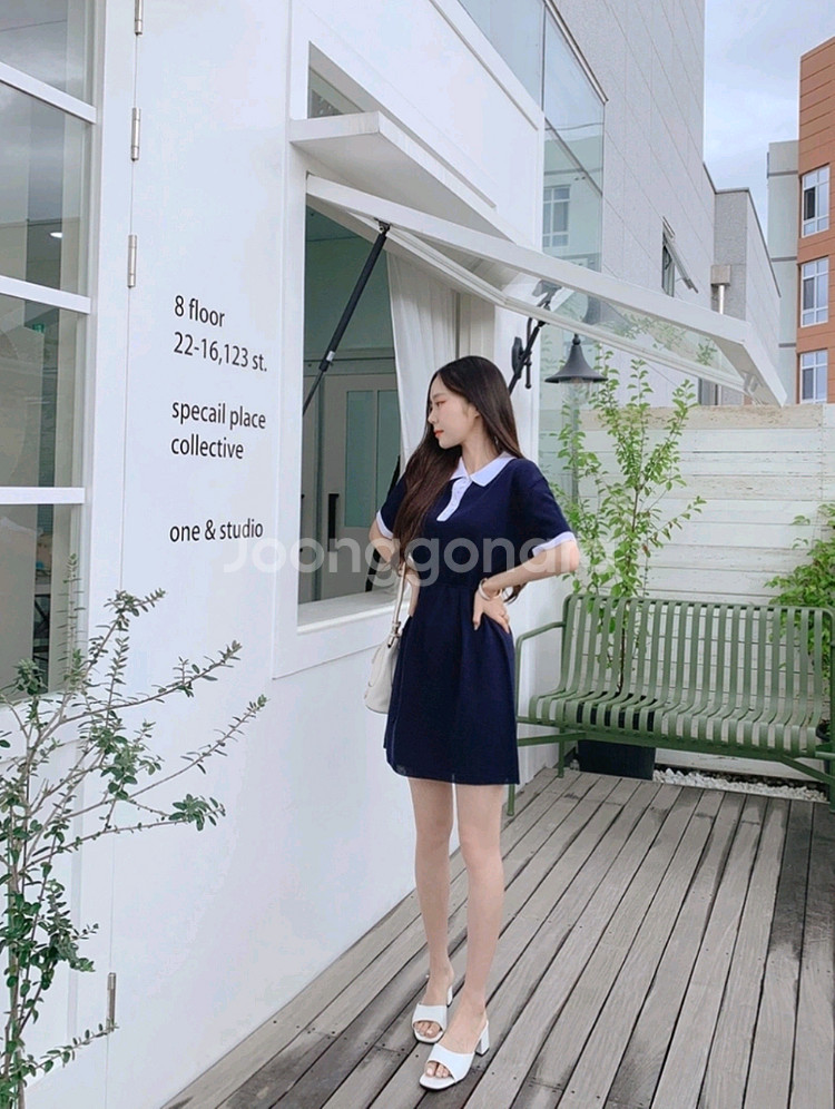 네이비 허리끈 카라 미니 원피스--1