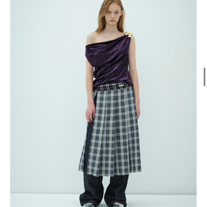 오버듀플레어 체크 레이어드 스커트 네이비