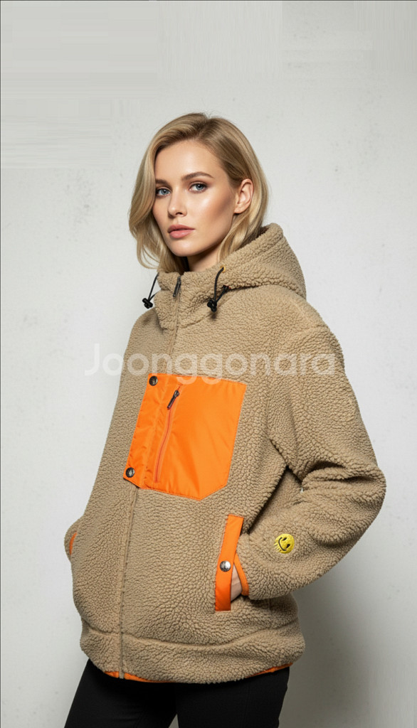 커스텀멜로우 베이지/오렌지 스마일 플리스 후리스 플리스 후드 자켓 95--8